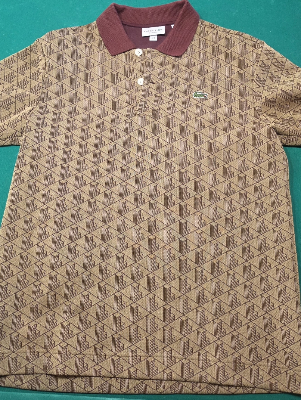 Lacoste Men's Brown Patterned Polo Shirt with Burgundy Collar